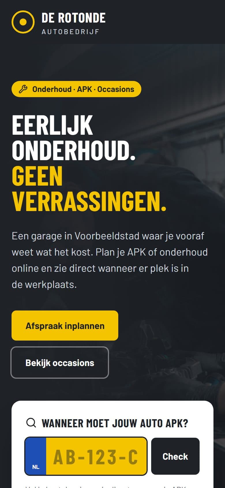Voorbeeldwebsite Garage De Rotonde op een telefoon