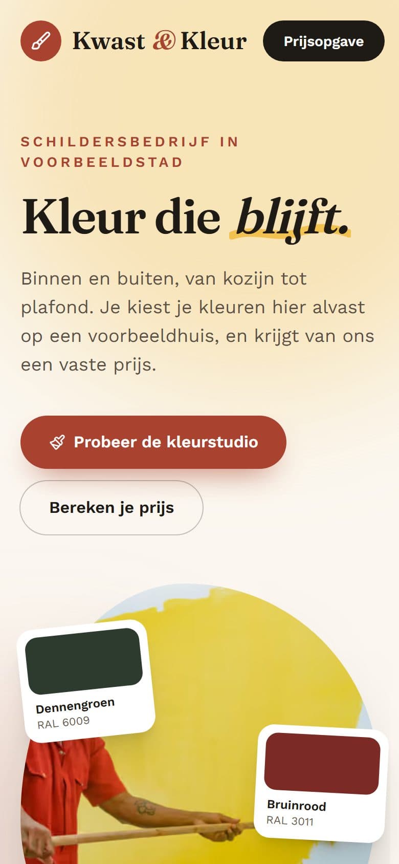 Voorbeeldwebsite Kwast & Kleur Schilders op een telefoon