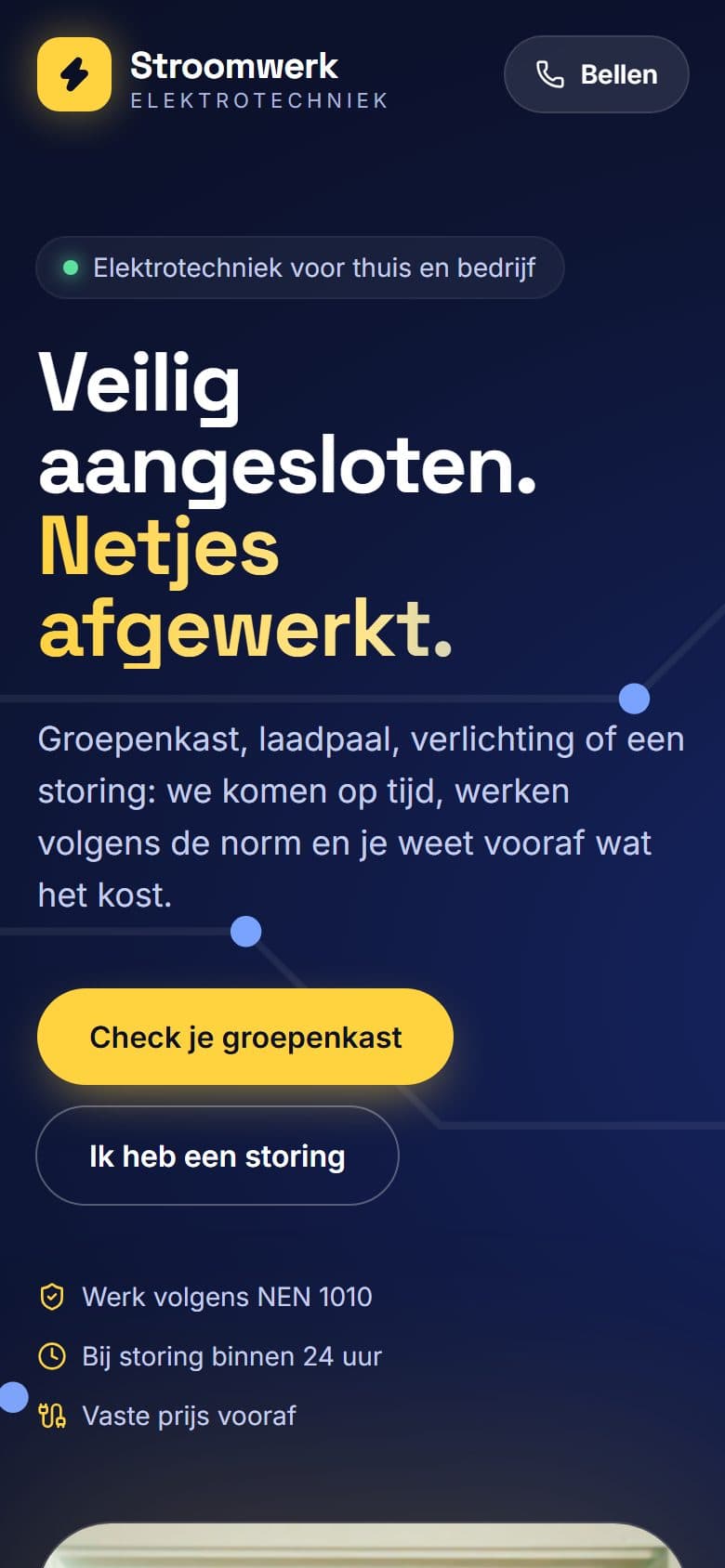 Voorbeeldwebsite Stroomwerk Elektrotechniek op een telefoon