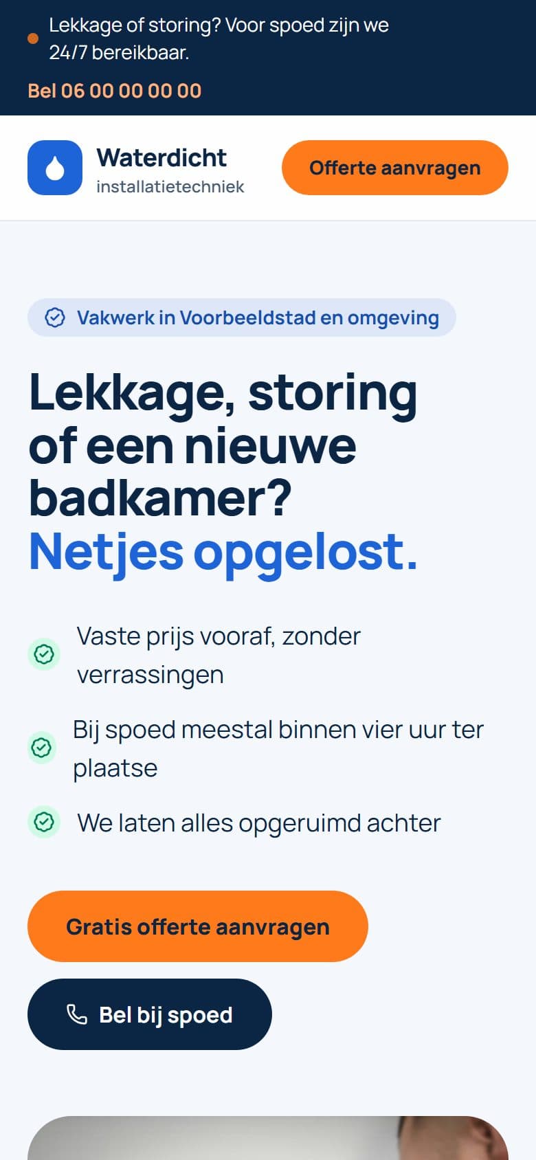 Voorbeeldwebsite Waterdicht Installatietechniek op een telefoon